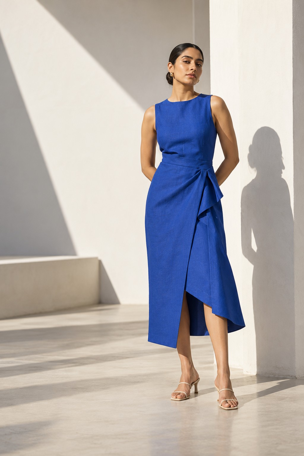 Model wearing the sculptural Cobalt Wrap Dress