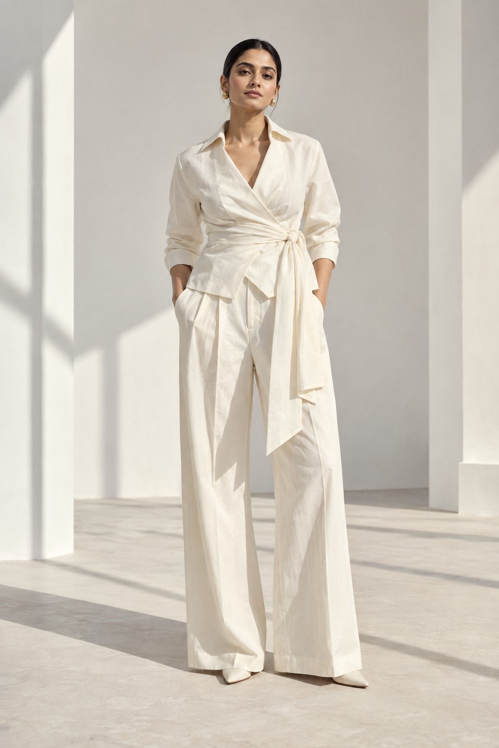 The Pearl Wrap Co-ord worn in a sunlit studio